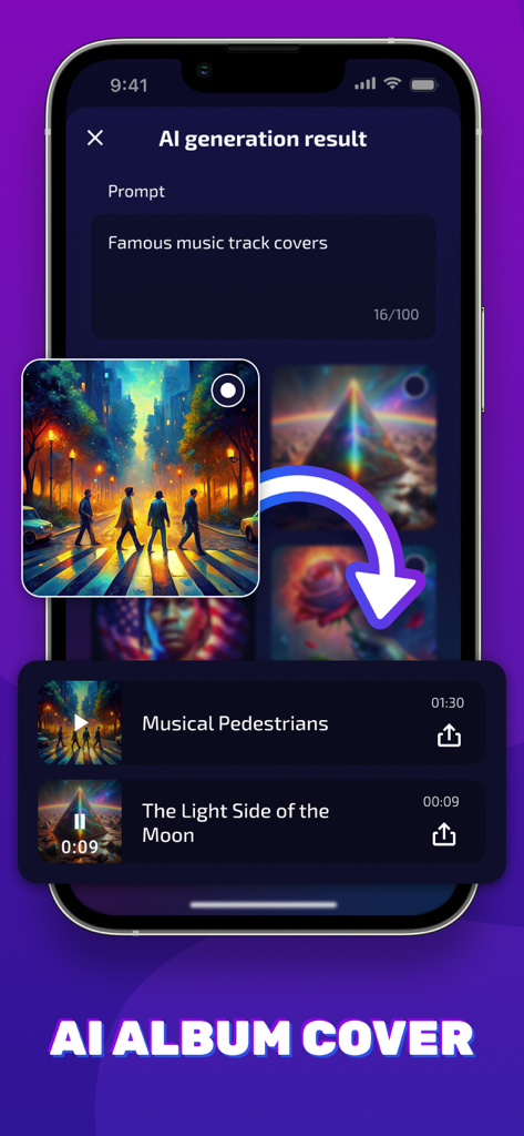 Interface of the Voice Tuner app showing AI generated album covers for music tracks based on a text prompt