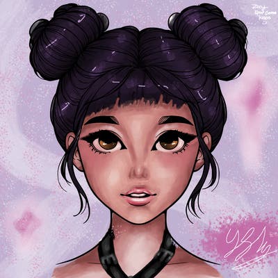 realistic girl with two buns on top of her head