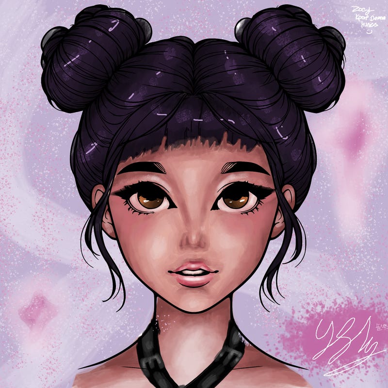 realistic girl with two buns on top of her head