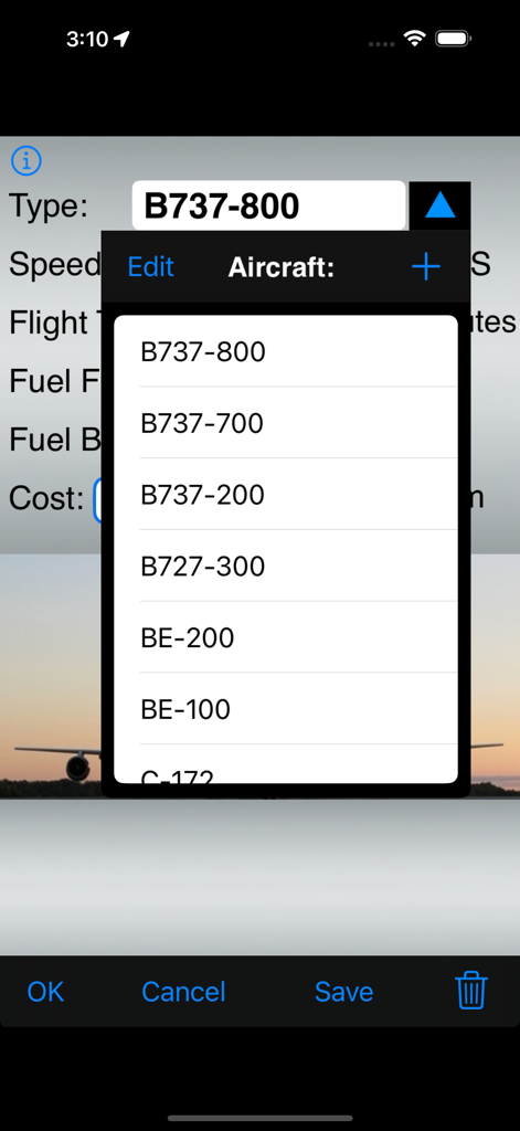 FlyBy Nav - FlyBy Nav aircraft selection menu for flight planning