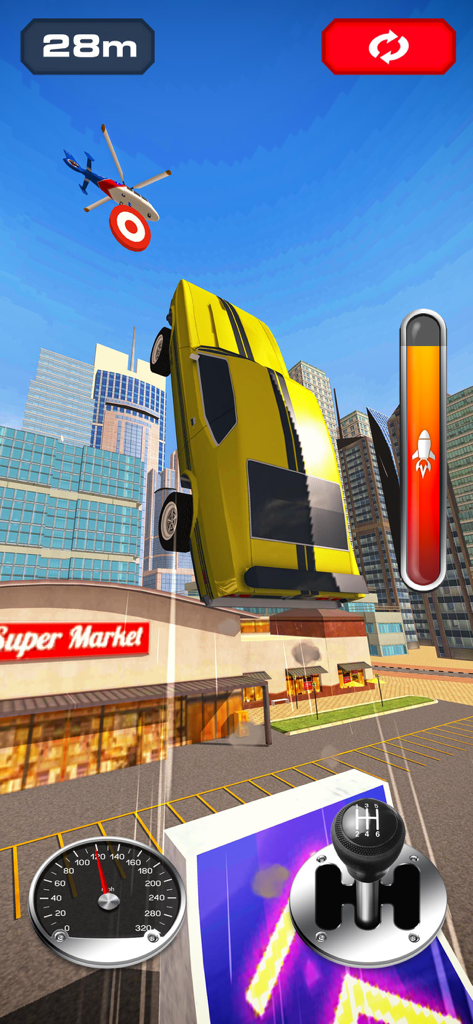 Jump into the Plane - Un coche amarillo realiza una acrobacia de salto con cohete sobre una ciudad en el juego Jump into the Plane