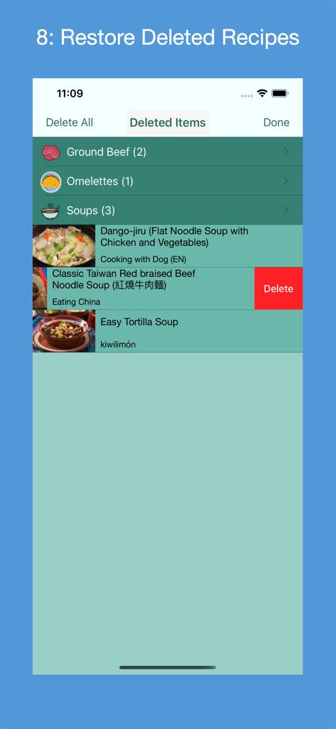The Deleted Items screen in the Recipe Collector app showing a list of categorized recipes with options to restore or permanently delete items.