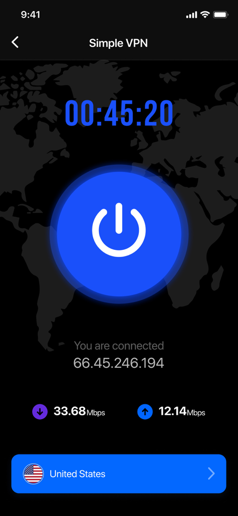 Secure VPN & Fast Proxy Master - 라이브 속도 지표와 함께 미국 서버에 성공적으로 연결되었음을 보여주는 안전한 VPN 앱 인터페이스