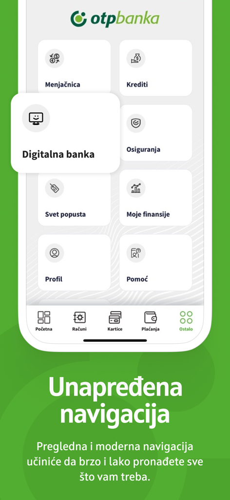 User interface of the OTP m-bank app highlighting its menu options and modern navigation design