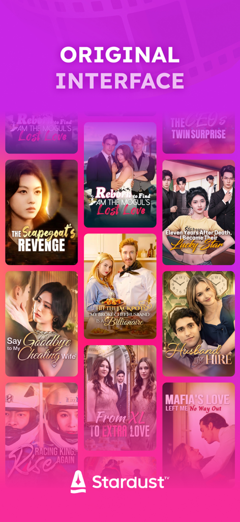 StardustTV app interface showing a grid of original short drama posters with romantic and dramatic titles.