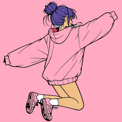 realistic girl jumping with a bun and oversized sweatshirt