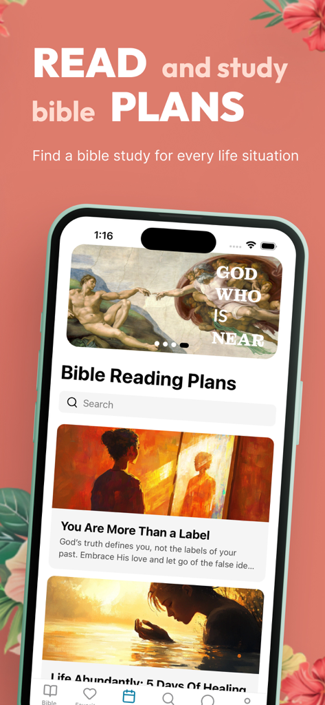 Pantalla de smartphone que muestra planes de lectura de la Biblia y devocionales para mujeres
