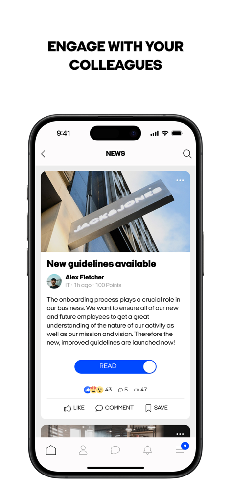 JJ2GO - JJ2GOアプリのニュースインターフェース。ブランドアップデートとソーシャルエンゲージメント機能が表示された従業員の投稿を表示しています。