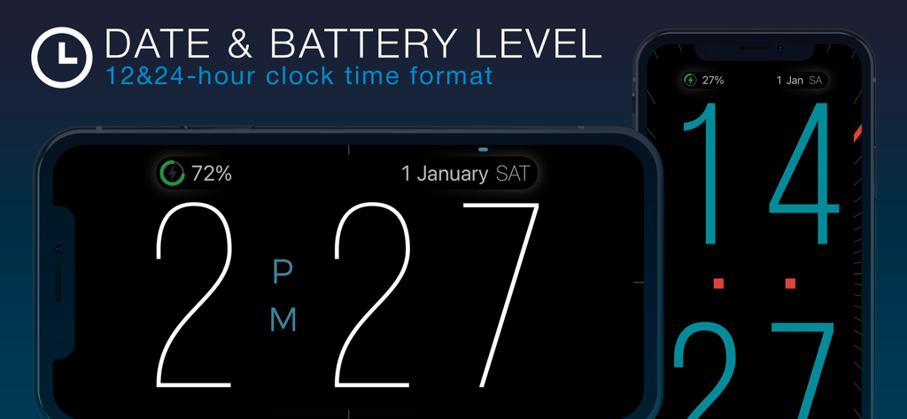 Interface d'horloge numérique sur iPhone affichant de grands chiffres, la date et le niveau de la batterie en mode paysage et portrait.