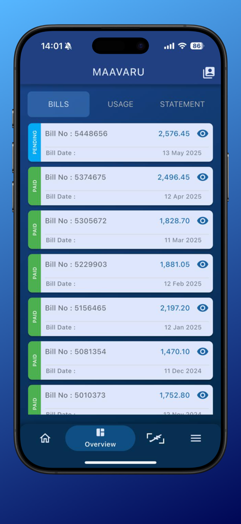 MWSC - MWSC utility app bill history screen