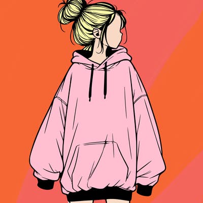 realistic girl with a oversized sweatshirt on and a bun