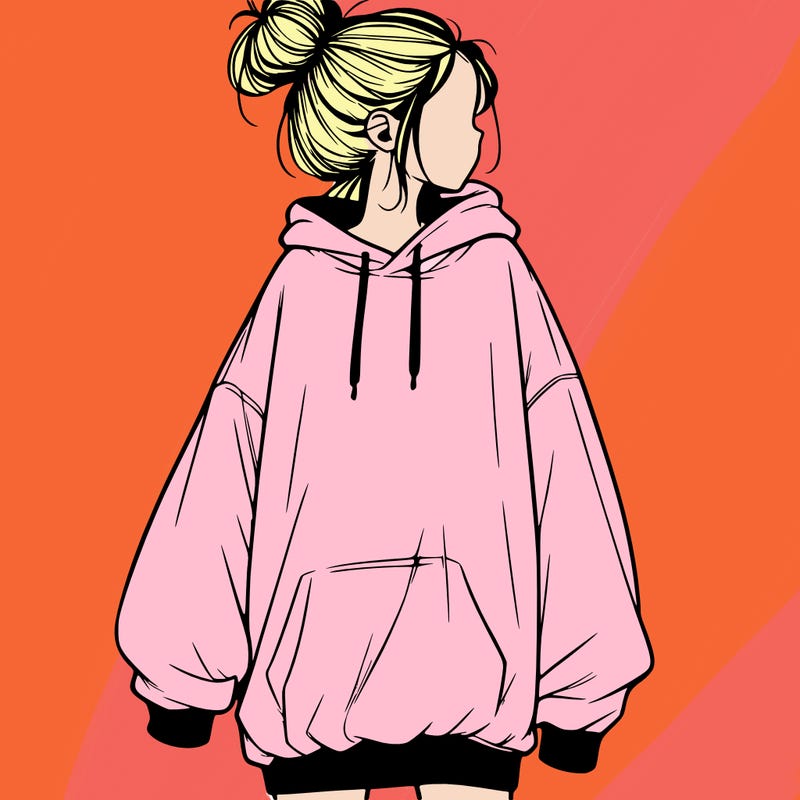 realistic girl with a oversized sweatshirt on and a bun