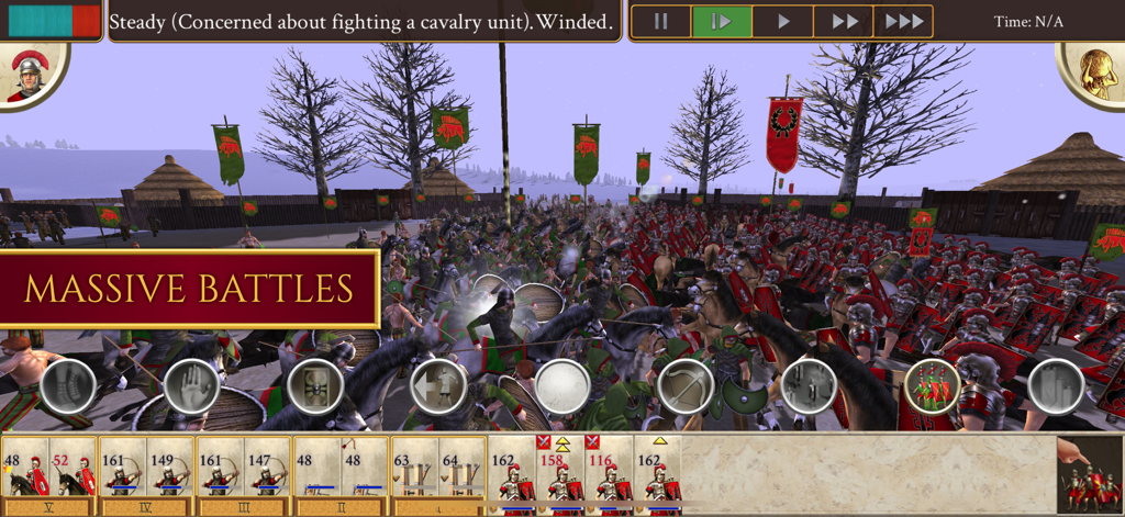 ROME: Total War - Screenshot of a massive 3D battle in ROME Total War mobile game featuring Roman legions and cavalry in a snowy environment.