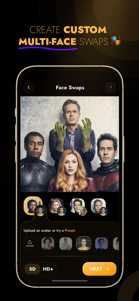 FaceHub AI mobile app interface showing the multi-face swap feature on a group of movie characters