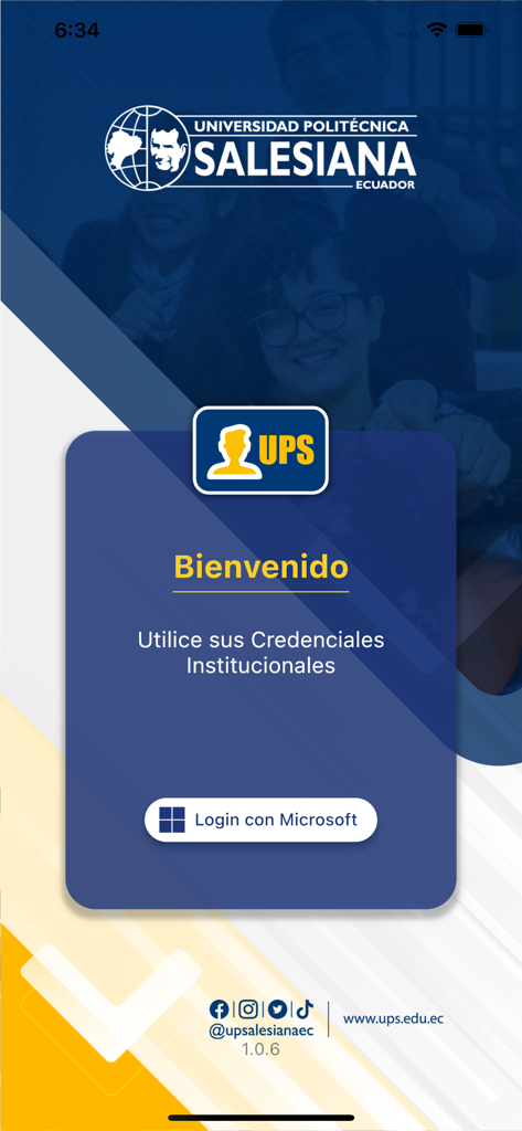 Carnet Digital UPS - Página de bienvenida de la app Carnet Digital UPS con botón de inicio de sesión de Microsoft