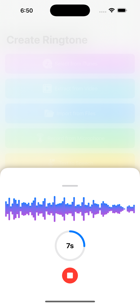 Set Ringtone - Interfaz de la aplicación Set Ringtone mostrando una grabación de audio en vivo con forma de onda y temporizador