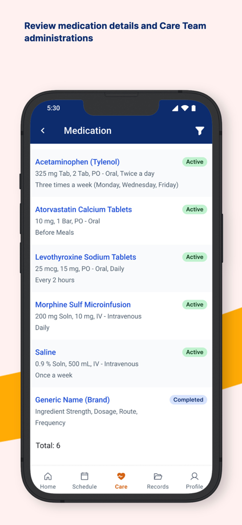 AlayaCare Family Portal - AlayaCare Family Portal app screen showing a detailed list of active and completed medications for a patient