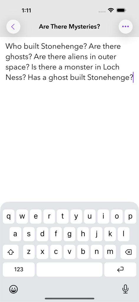 A minimalist text editor screen in the Minipad app featuring large typography and no distractions