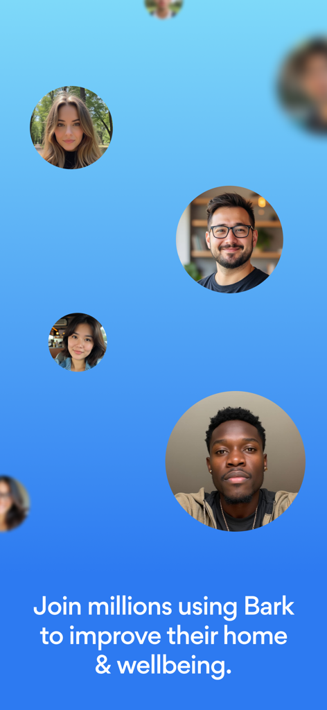 Bark: Great pros, found fast - 青い背景に、住まいとウェルネスの向上に関するテキストとともに、多様なプロフェッショナルの円形のポートレート。।