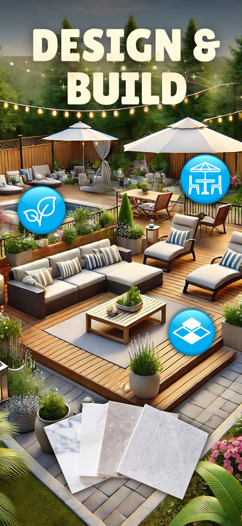 Real Estate Tycoon: Simulator - Un lujoso diseño de patio exterior con tumbonas y piscina en el juego simulador Magnate Inmobiliario