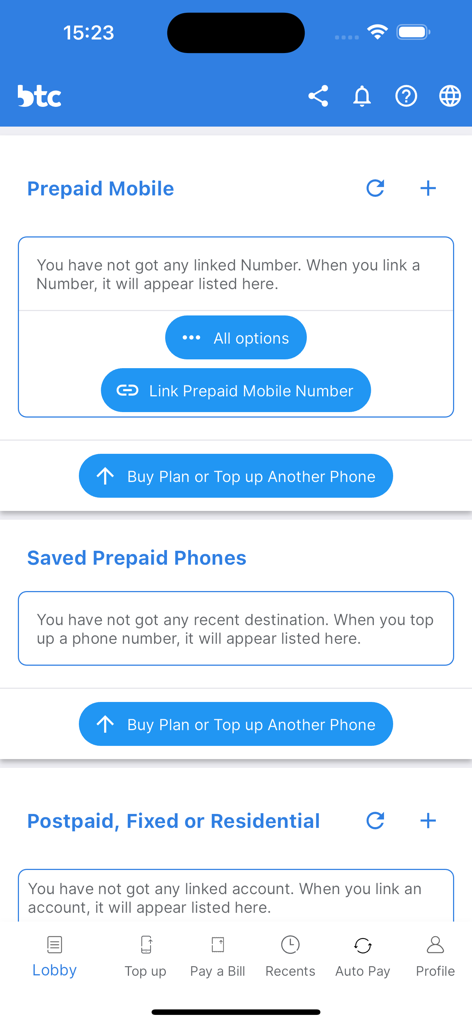 MyBTC - Dashboard of MyBTC app for managing prepaid and postpaid mobile and utility accounts