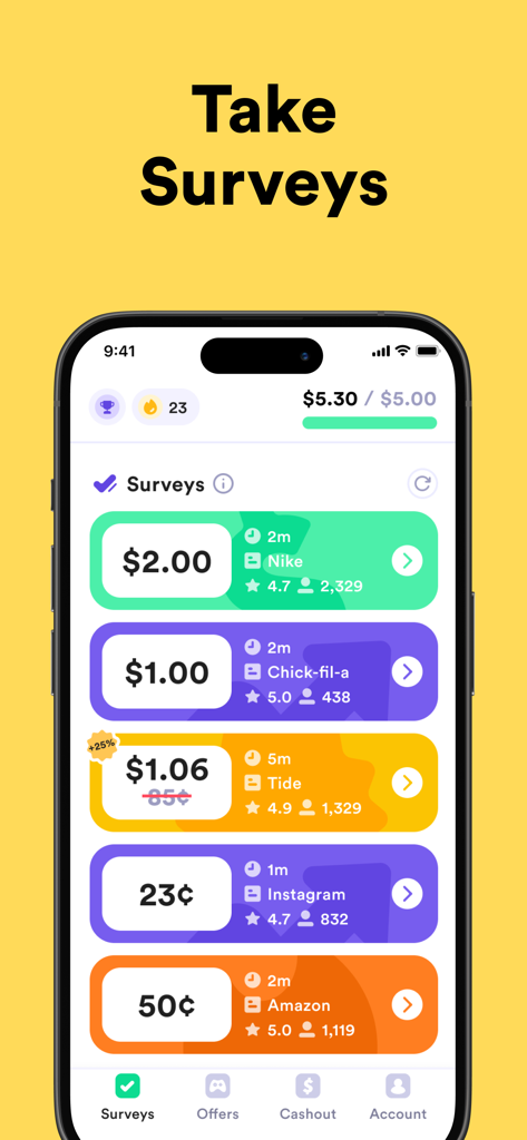 Eureka: Earn money for surveys - Uma tela de smartphone exibindo a lista de pesquisas do aplicativo Eureka com recompensas em dinheiro de marcas como Nike e Amazon.