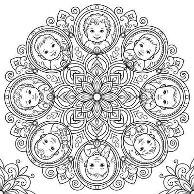 Immerse yourself in the heartwarming charm of this unique baby portraits mandala coloring page. Eight adorable babies are beautifully integrated into an intricate symmetrical design, offering a delightful and calming artistic challenge.