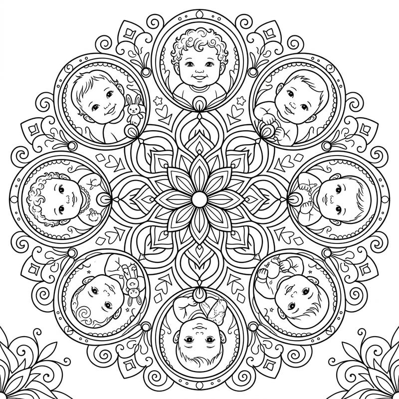 Immerse yourself in the heartwarming charm of this unique baby portraits mandala coloring page. Eight adorable babies are beautifully integrated into an intricate symmetrical design, offering a delightful and calming artistic challenge.