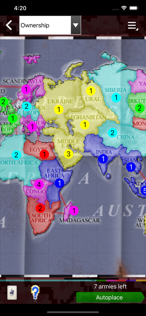 Domination (risk & strategy) - Screenshot del gioco di strategia Domination che mostra una mappa del mondo con territori colorati e conteggi degli eserciti