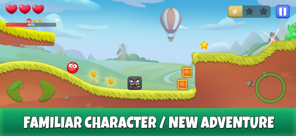 Red Ball: Secret Adventure - Personagem Red Ball rolando por um nível de paisagem colorida com moedas e um inimigo quadrado