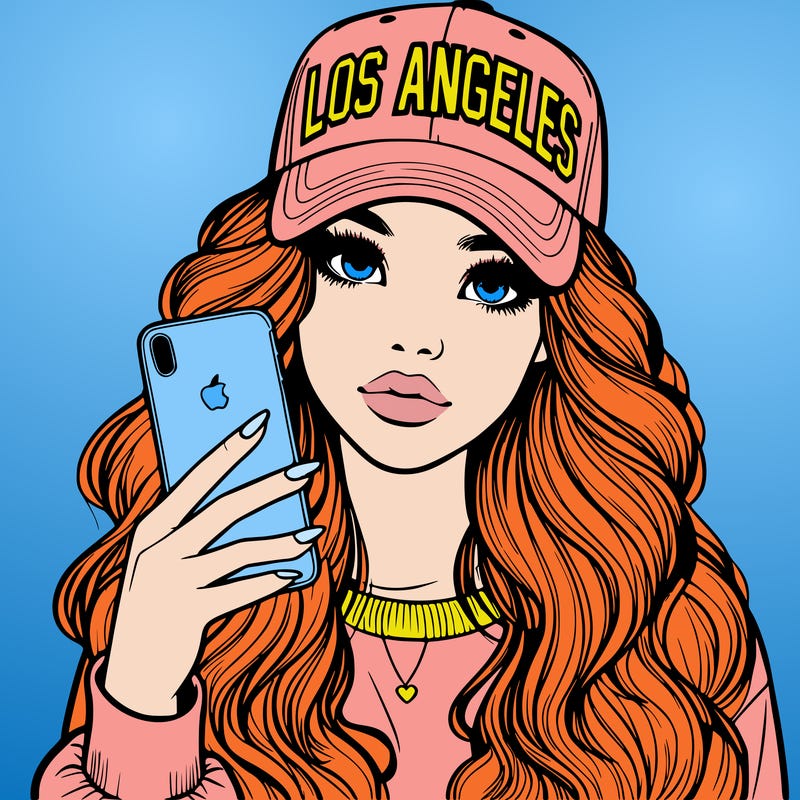 realistic beautiful girl wearing los ángeles cap holding an iphone