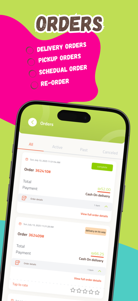 Yummy: Food, grocery & more - Yummy app interface showing a list of delivery and pickup orders with status updates and payment details.