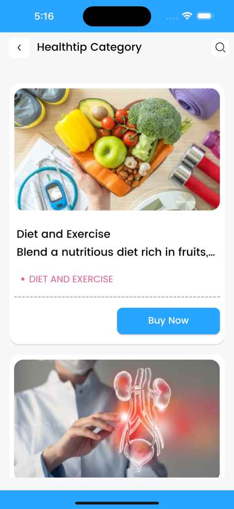 Baano - Interface of the Baano app showing health tips for diet and exercise