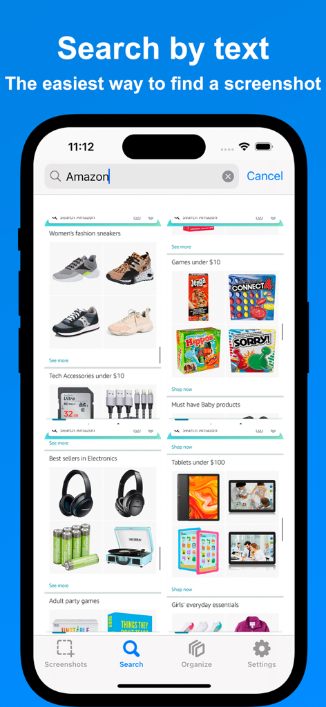 Screenshot Manager - Organizer - Screenshot Manager app interface showing the search by text feature used to find Amazon product screenshots.