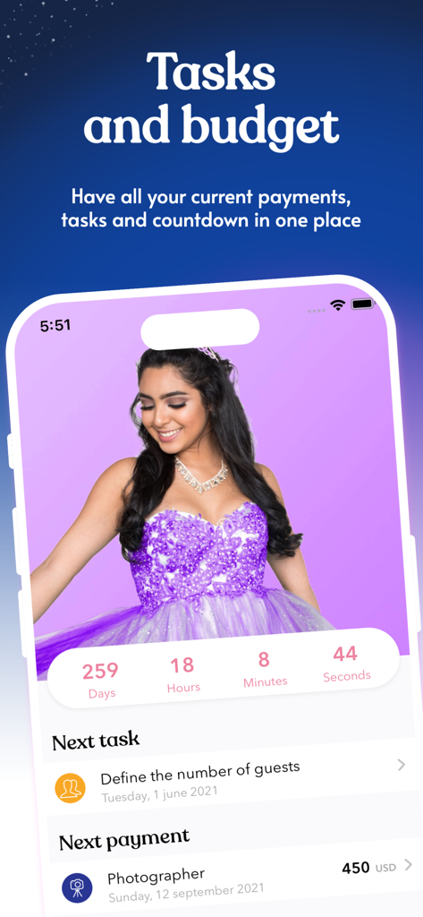 Quincy - Quinceanera Planner - Quinceanera app dashboard with tasks budget and countdown