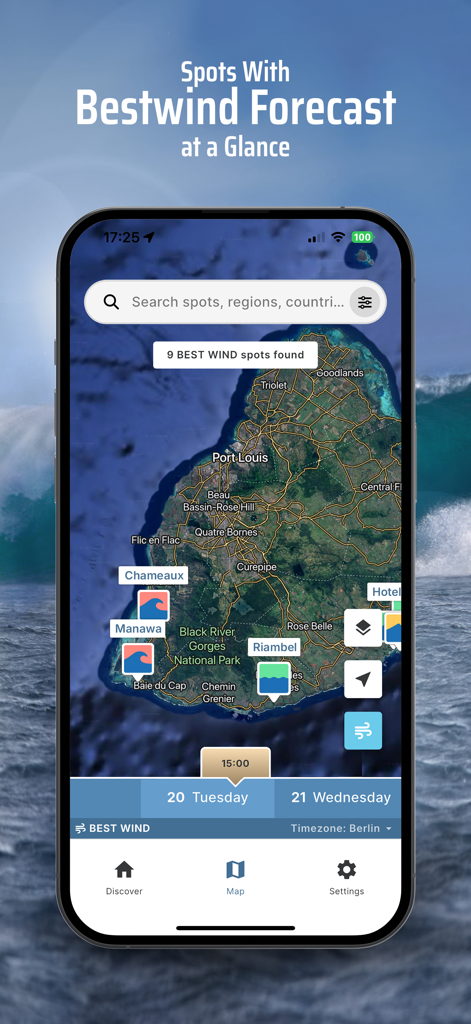 Kite & Windsurfing Guide - Map view of the Kite and Windsurfing Guide app showing 9 best wind spots for kitesurfing and windsurfing