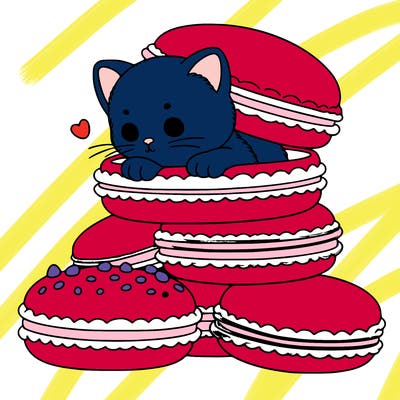 a kitten popping out of a stack of pastel macarons
