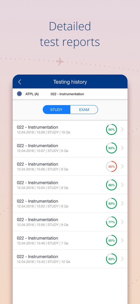 Aviation Exam - EASA - A mobile screen showing detailed test history and score reports for EASA pilot exam preparation