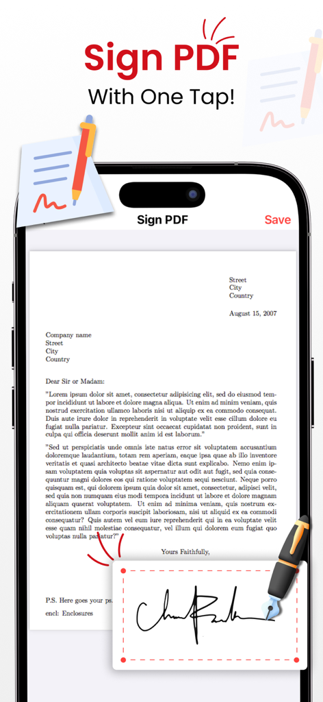 Un iPhone che visualizza la funzionalità Firma PDF con un'area per firme digitali e un documento in fase di firma