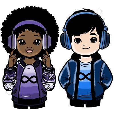 an afroamerican girl with headphones and a boy with headphones, they have an ♾️ symbol on their shirt