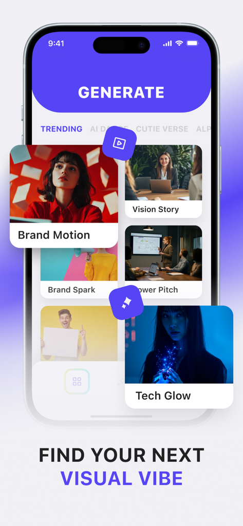 Lumen AI: Video Generator - iPhone screen displaying the Lumen AI app interface with trending video generation styles like Brand Motion and Tech Glow