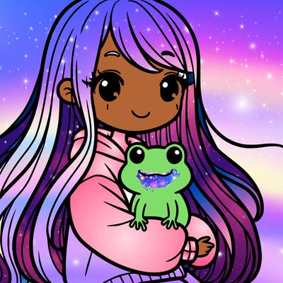 a girl with long hair and a oversized shirt. and she is holding a frog smiling