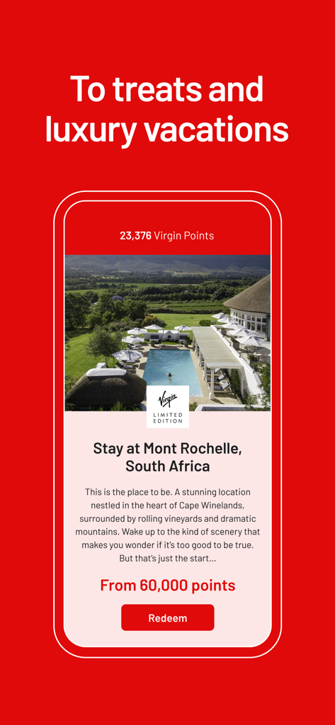 Virgin Red app screen showing a luxury hotel stay at Mont Rochelle South Africa available for point redemption.