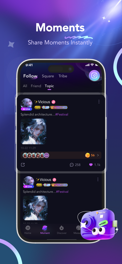 Nahki-Group Voice Chat & Party - Un smartphone que muestra el feed de redes sociales Momentos de la aplicación Nahki donde los usuarios comparten fotos e interactúan con publicaciones
