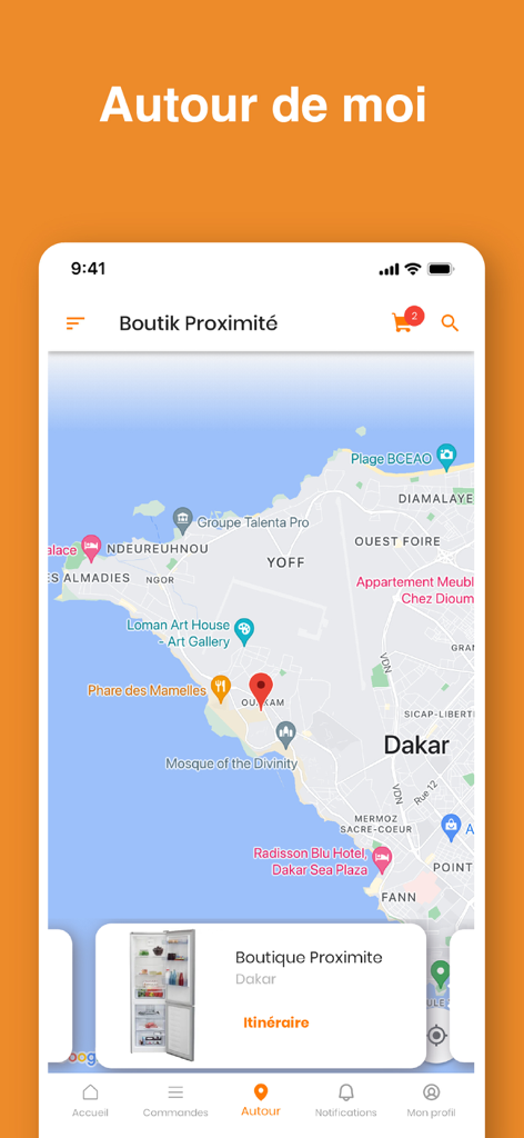 Boutik proximité - Interface do mapa do aplicativo Boutik proximite mostrando locais de lojas em Dakar com uma prévia do produto de um refrigerador