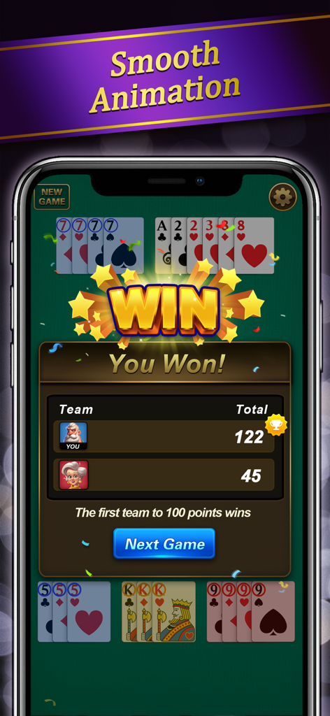 Gin Rummy - Classic Card Game· - Winning screen of the Gin Rummy mobile app showing a player victory with points and cards displayed on a green background