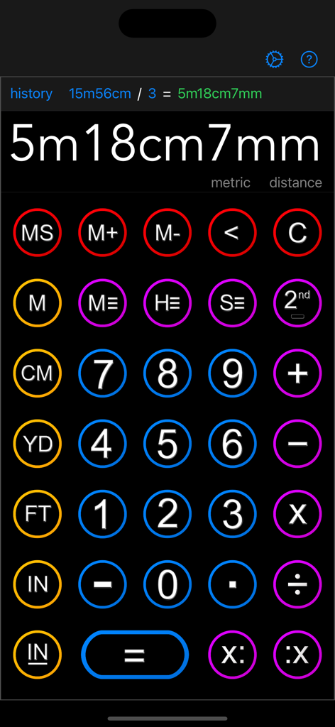 Construction Calc - Construction Calc mobile app displaying a metric distance calculation with a colorful interface