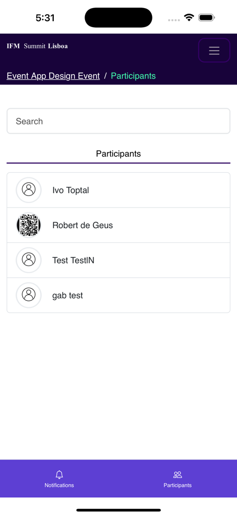 IFM Summit - The participants directory screen within the IFM Summit app showing a searchable list of event attendees for professional networking.