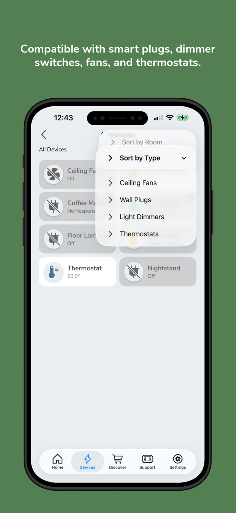 Pantalla de smartphone mostrando la aplicación Hunter SIMPLEconnect gestionando varios dispositivos de hogar inteligente como ventiladores y termostatos