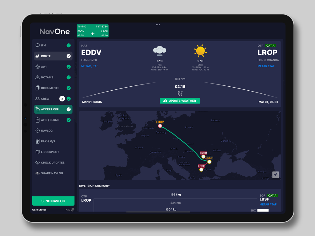 NavOne professional flight planning dashboard on iPad featuring route maps and weather data
